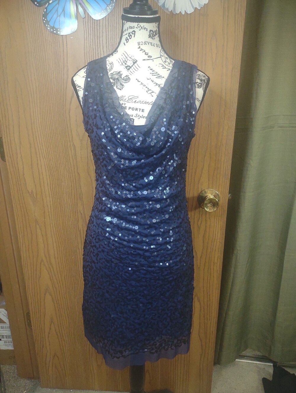Max Studio Navy Blue Sequin Cowl Neck Mini Dress